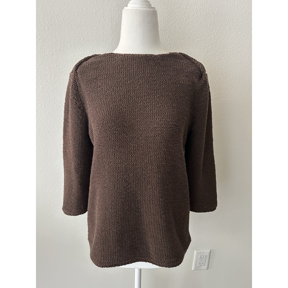 J Jill Tape Yarn Mesh Knit Brown Boat Neck Sweater Quiet Luxury Parisian Coastal
